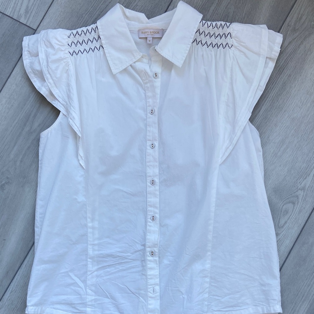 Ramy Brook White Button-Down Shirt with Embroidered Details